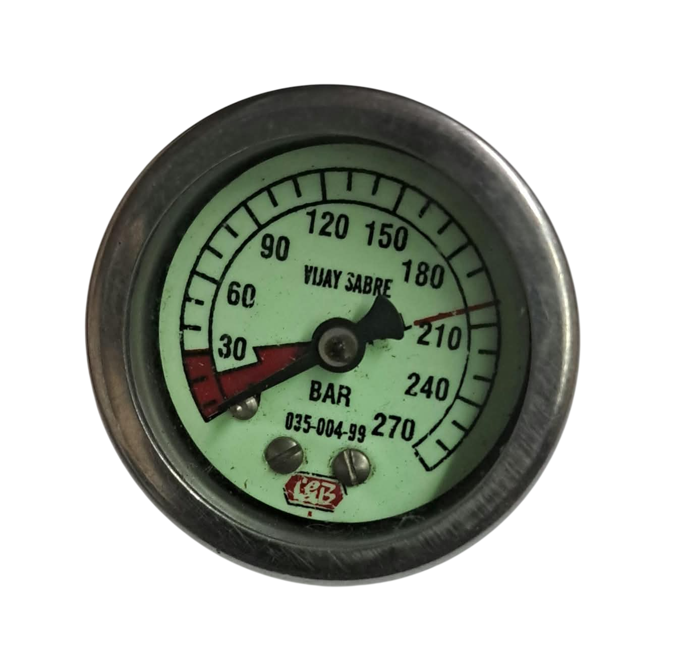 11/2"dial 0-270 bar 1/8 bsp b/c ss casing internal brass   radium dial