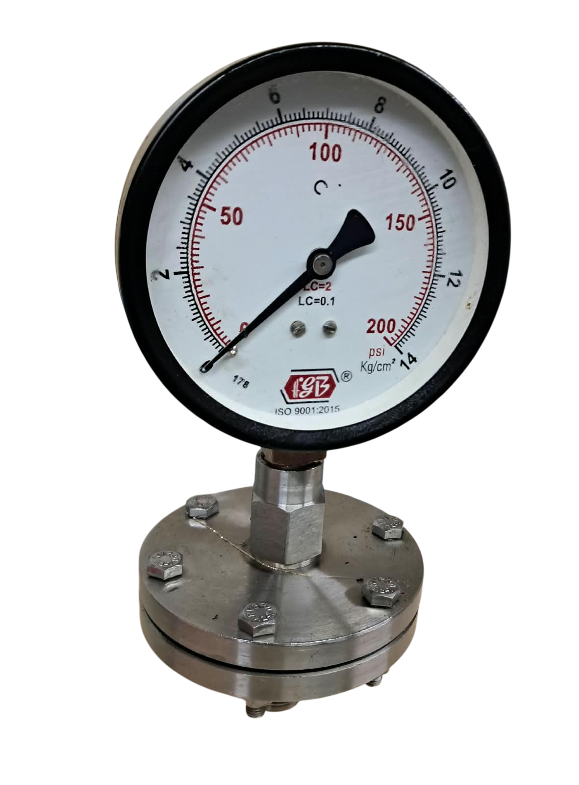 4"dial 0-200 psi 1/2 bsp bottom chemical seal diaphragm ms casing internal brass