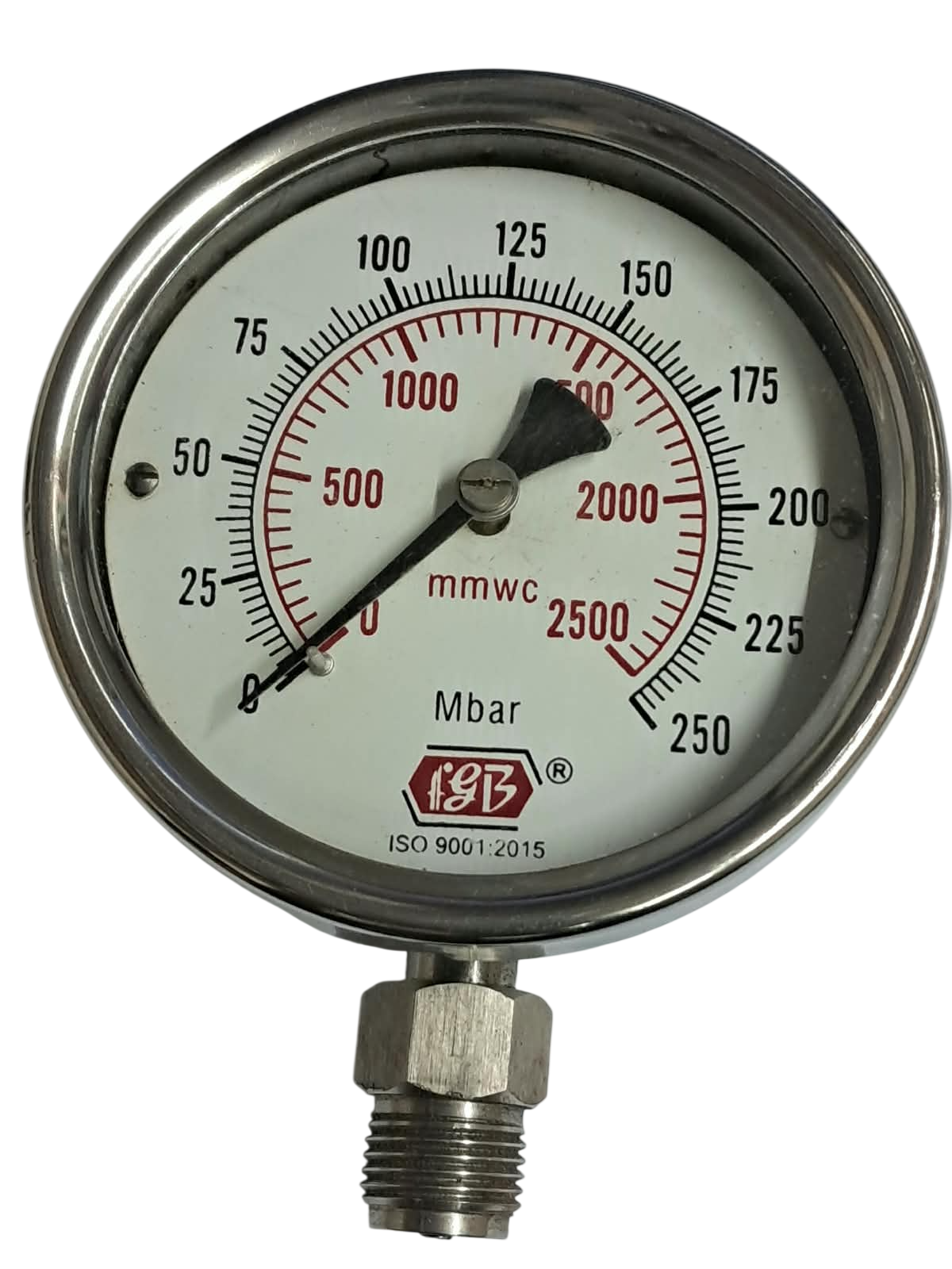 4"dial 0-2500 mmwc 1/2  bsp bottom ss casing internal brass inbuilt capsule diaphragm