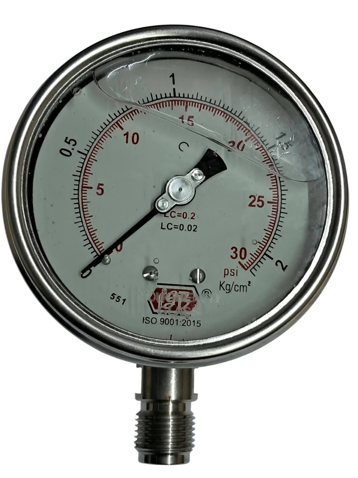 4"dial 0-30 psi 1/2 bsp bottom complete ss glycerin filled
