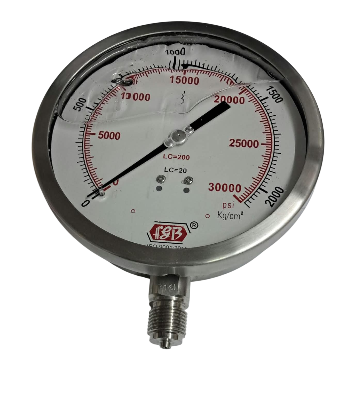 6"dial 0-30000 psi 1/2 bsp bottom complete ss glycerin filled